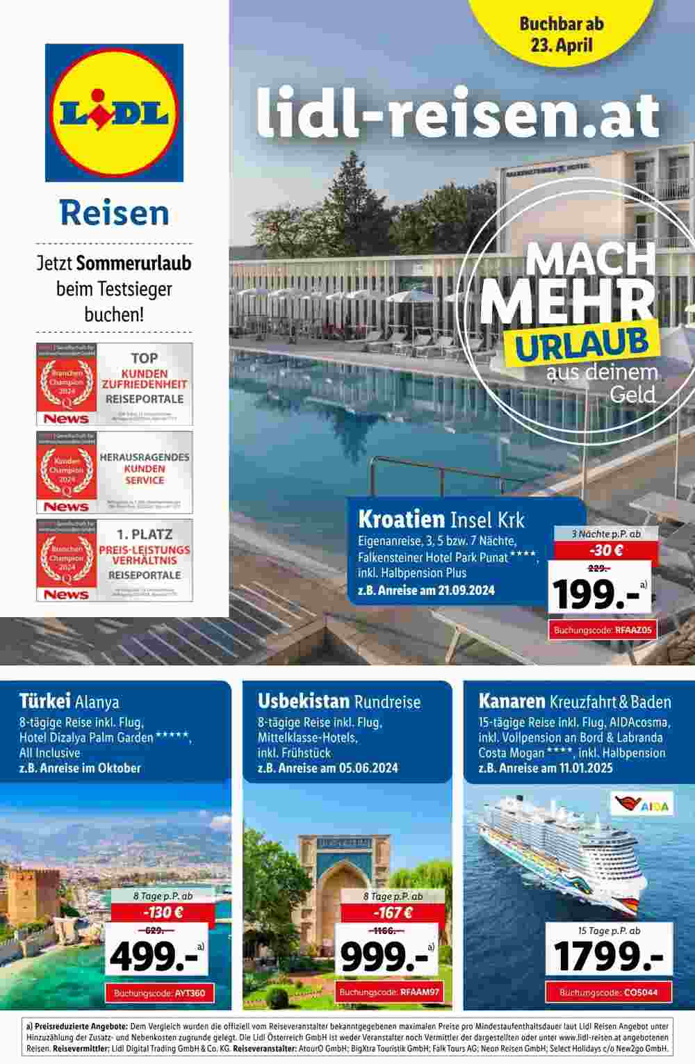 Lidl Reisen Flugblatt (ab 22.04.2024) - Angebote und Prospekt - Seite 1