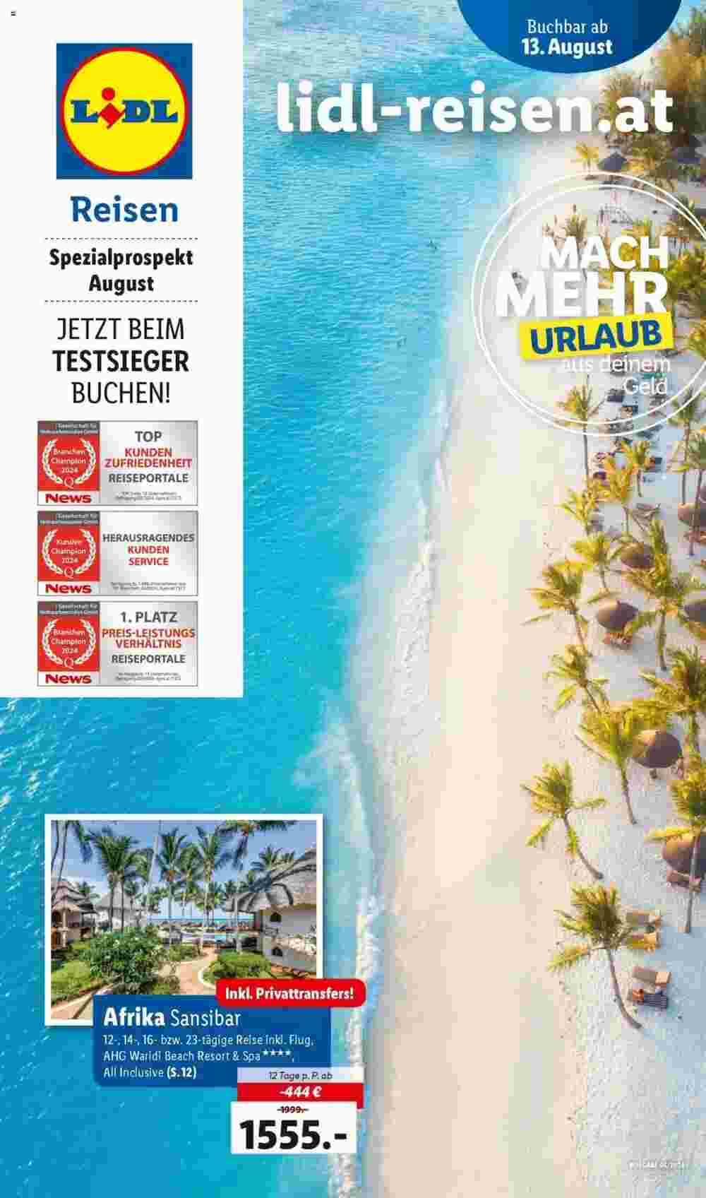 Lidl Reisen Flugblatt (ab 13.08.2024) - Angebote und Prospekt - Seite 1