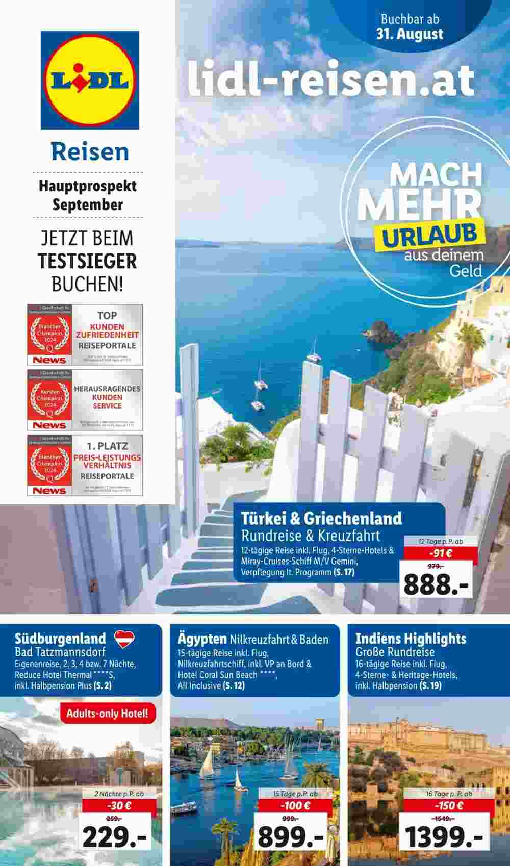 Lidl Reisen Flugblatt (ab 31.08.2024) - Angebote und Prospekt - Seite 1