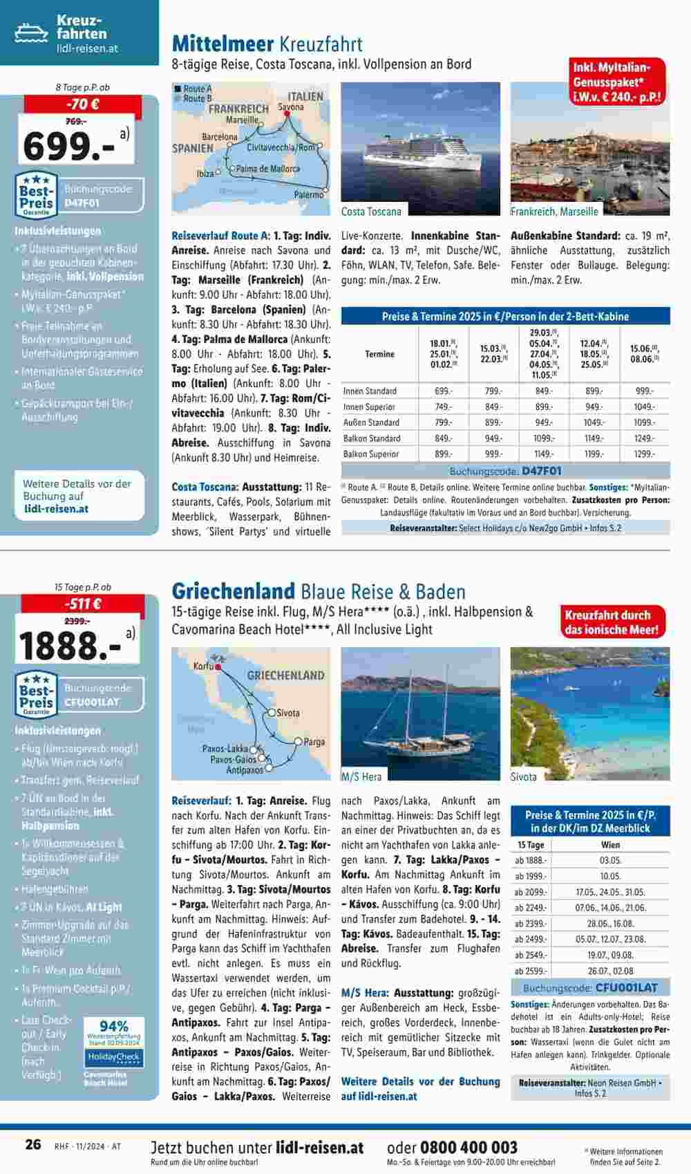 Lidl Reisen Flugblatt (ab 01.11.2024) - Angebote und Prospekt - Seite 26