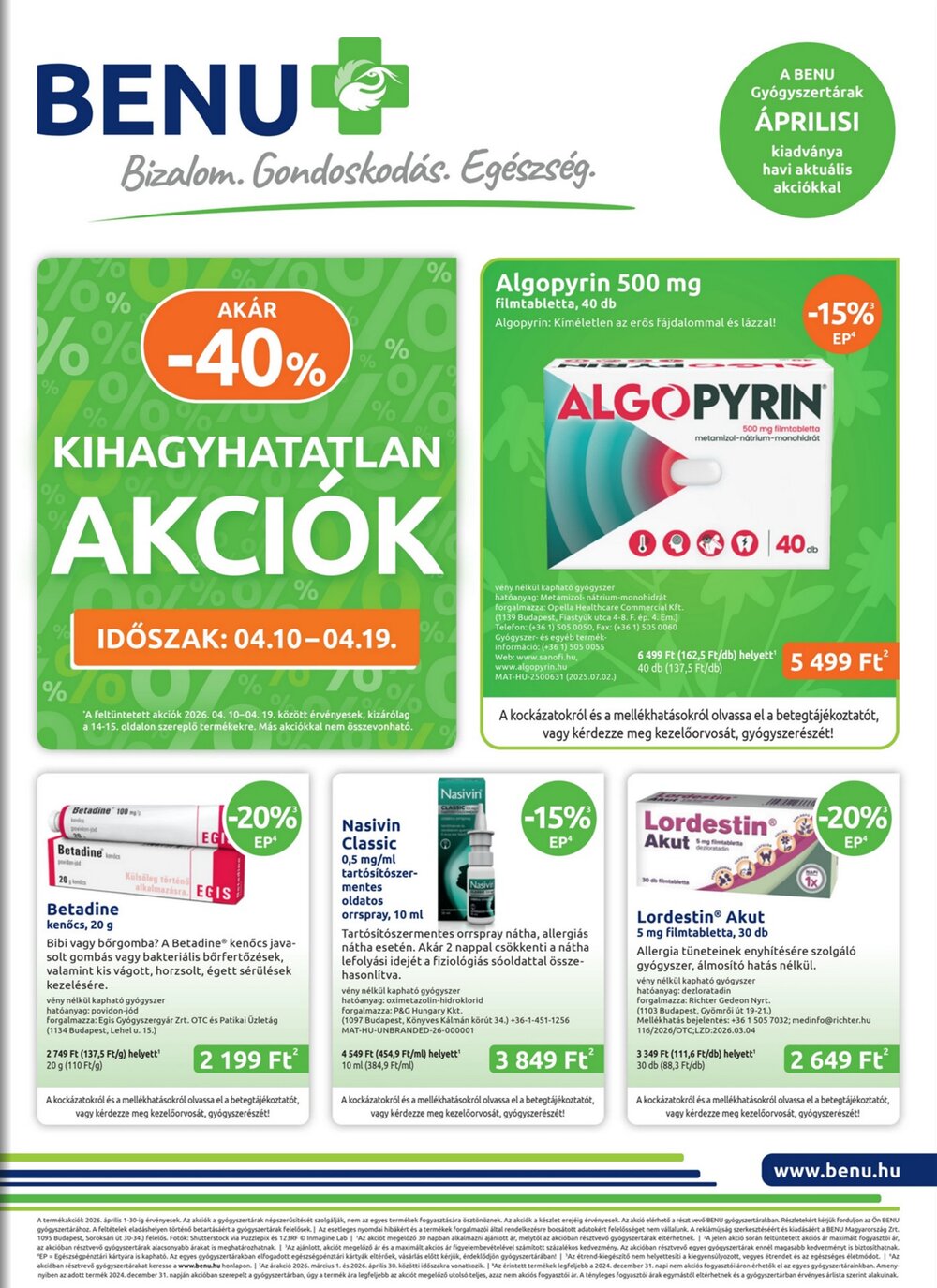 BENU Gyógyszertárak akciós újság 2026.04.01-től - 1. oldal.